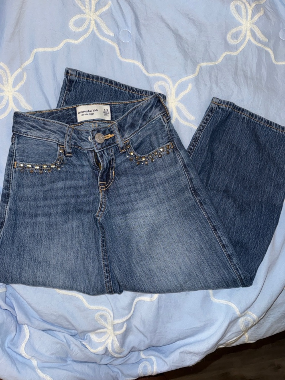 abercrombie kids Straight-Leg Blue Jeans with Rhinestone Pocket Trim